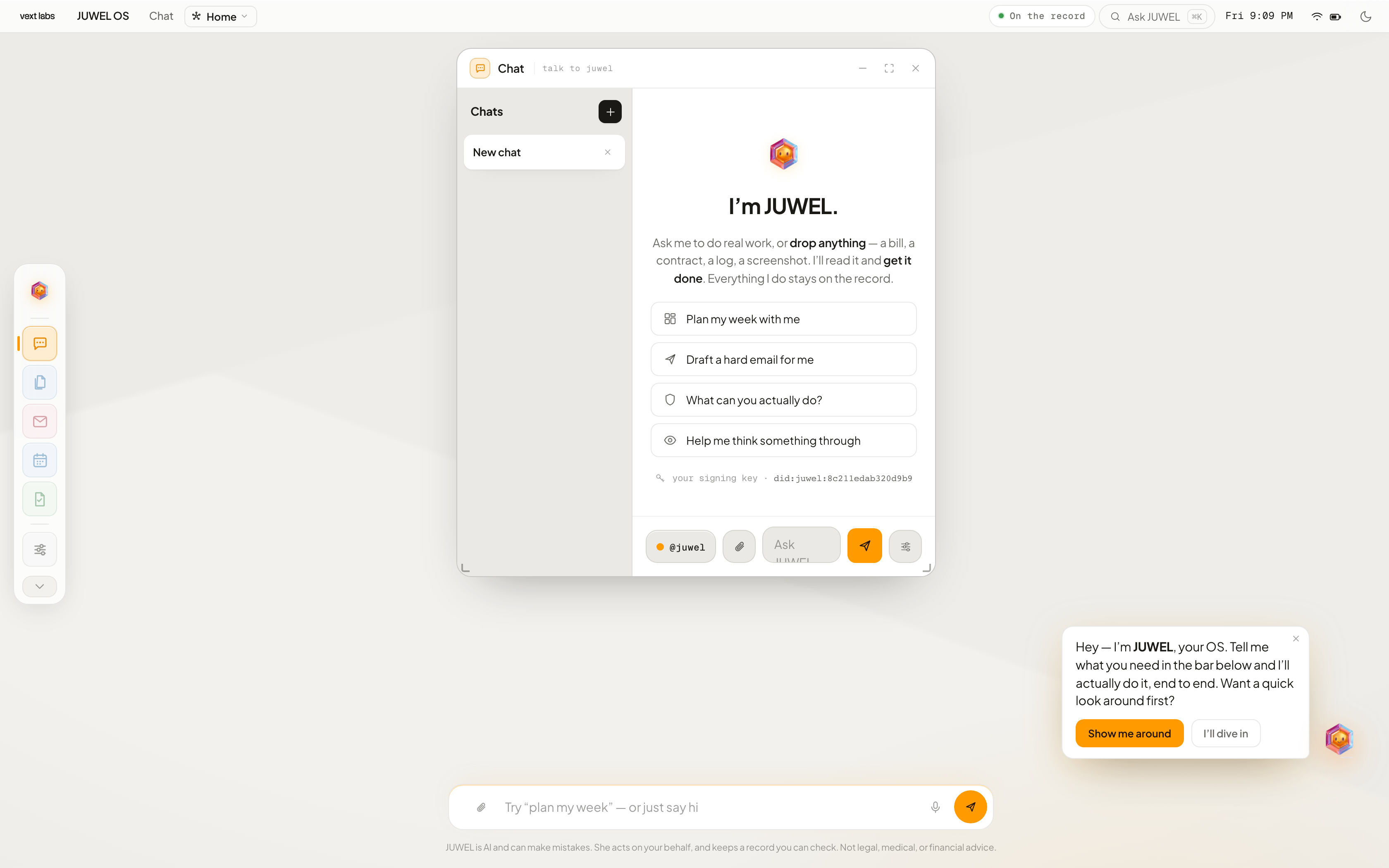 JUWEL OS running in a browser: the Porcelain shell with app rail and windows
